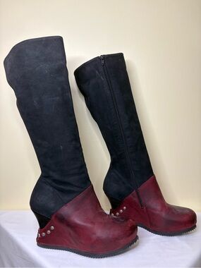 Black and Burgundy Wedge Tall Boots Size 9